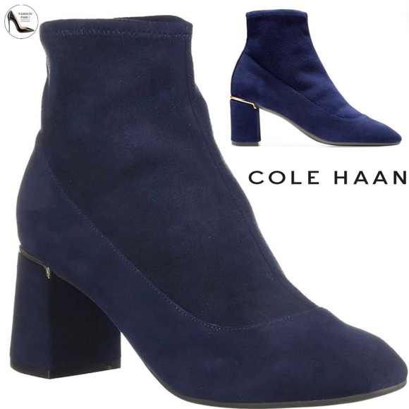 Cole Haan Laree Blue Suede Ankle Booties  Almond Toe Block Heel Leather Boot 10 - Picture 1 of 12